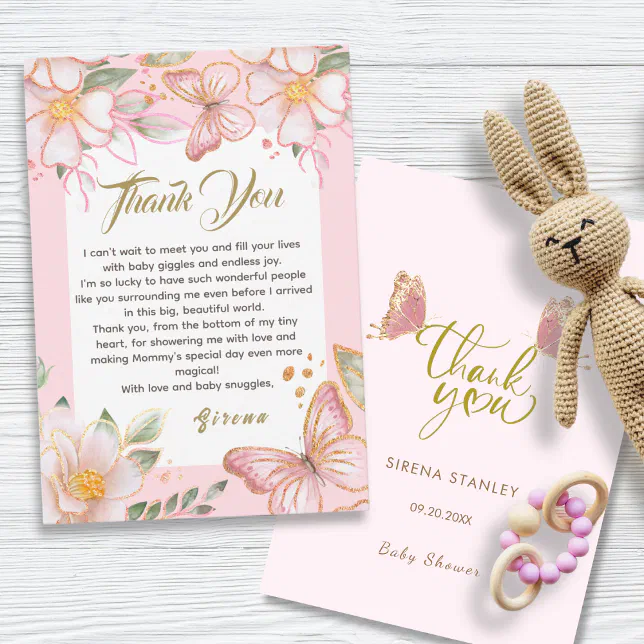 Butterfly & Flowers Pink Cute Thank You Card | Zazzle