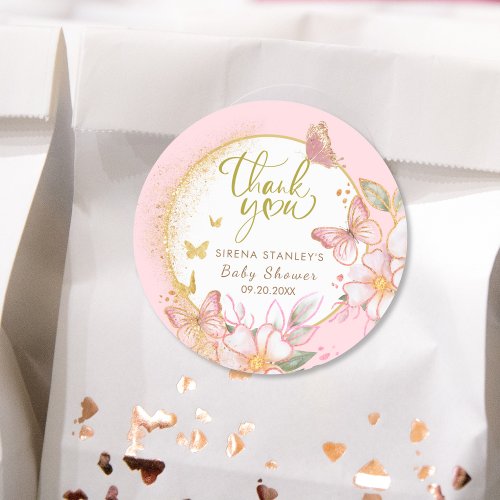 Butterfly  Flowers Pink Glitter Girl Baby Shower Classic Round Sticker