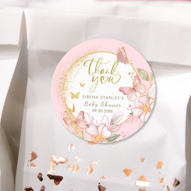 Butterfly & Flowers Pink Glitter Girl Baby Shower Classic Round Sticker (Creator Uploaded)