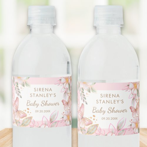 Butterfly  Flowers Pink Glitter Girl Baby Shower Water Bottle Label