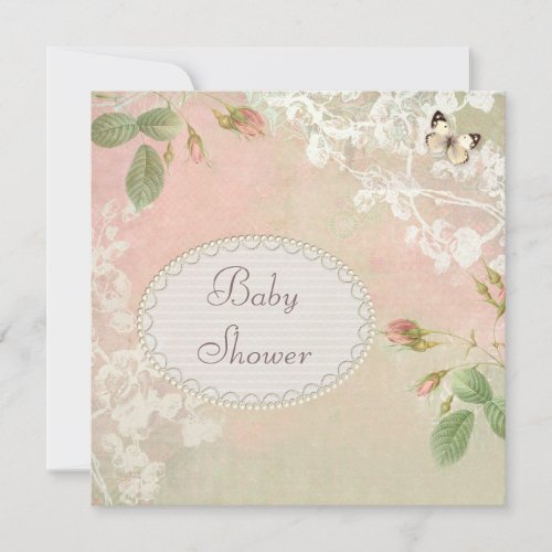 Butterfly  Flowers Shabby Chic Baby Shower Invitation