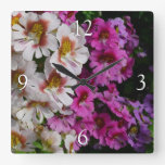 Butterfly Flowers White Pink and Purple Square Wall Clock