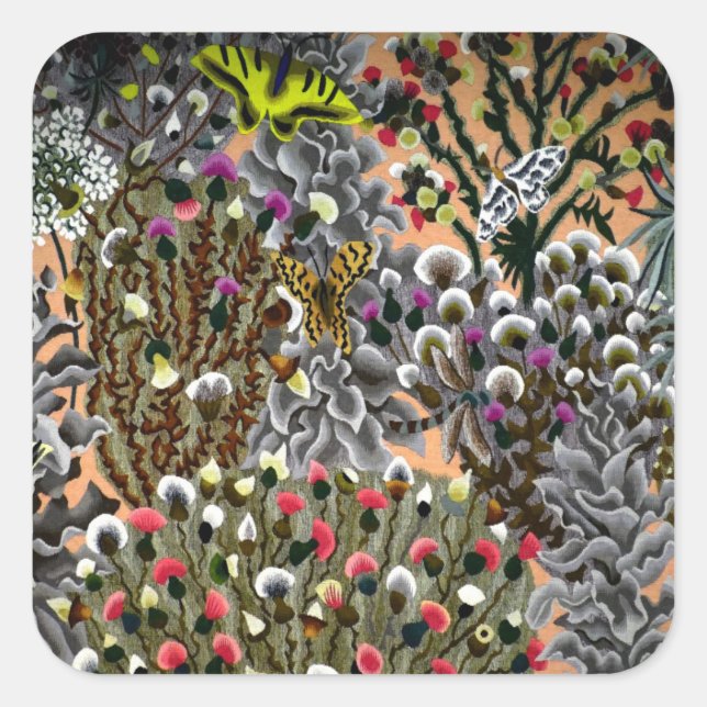 Butterfly flowers willow vintage nature illustrati square sticker (Front)