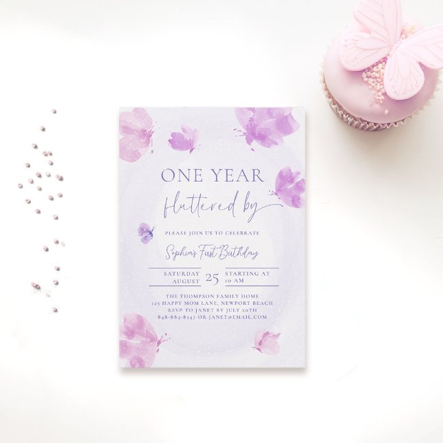 Butterfly Fluttered by Purple Budget 1st Birthday Invitation (butterfly themed 1st birthday invitation girls pink purple watercolor one year fluttered by budget)