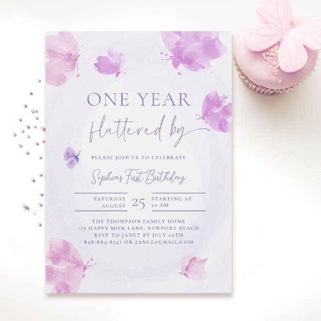 Butterfly Fluttered by Purple Pink 1st Birthday Invitation (butterfly themed 1st birthday invitation girls pink purple watercolor one year fluttered by)