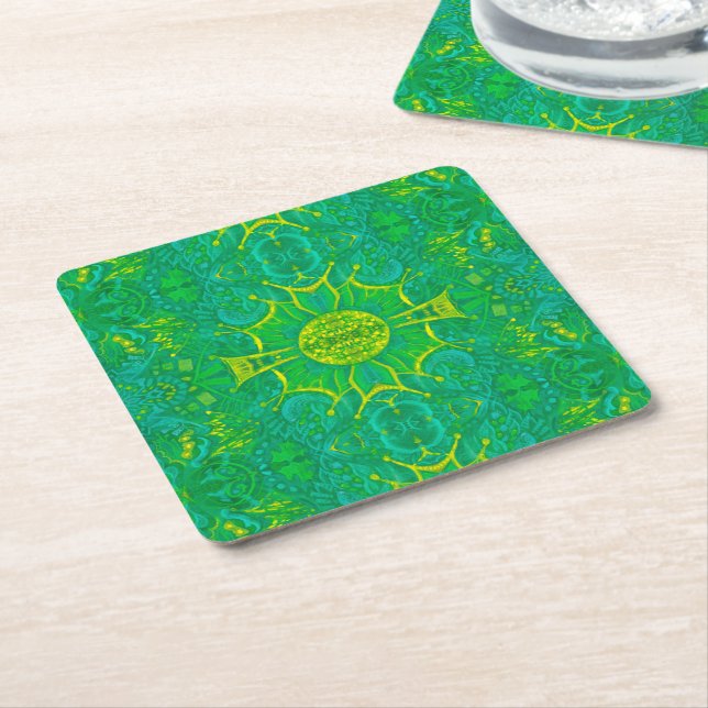 Butterfly Forest Bohemian Arabesque Pattern Green Square Paper Coaster (Angled)