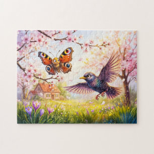 Butterfly Frightened by Bird in Cherry Blossom Jigsaw Puzzle