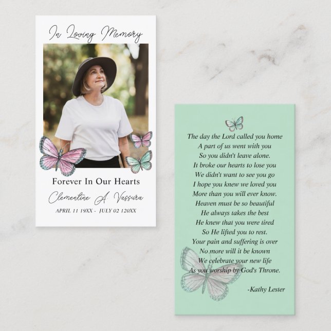Butterfly Funeral Memorial Prayer Photo Card (Front/Back)