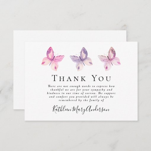 Butterfly Funeral Sympathy Thank You Card | Zazzle