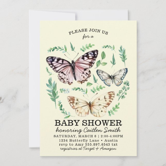 Butterfly Garden Baby Shower Greenery baby invite (Front)