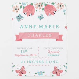 Butterfly Garden Birth Announcement Baby Blanket