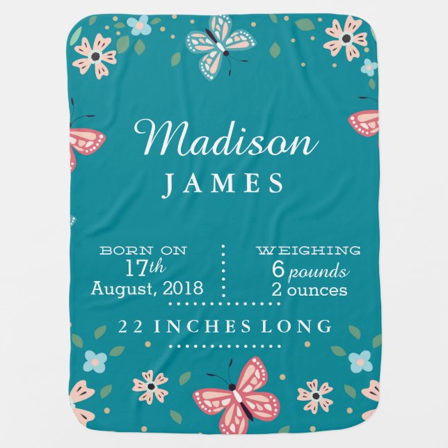 Butterfly Garden Birth Announcement Baby Blanket (Front)