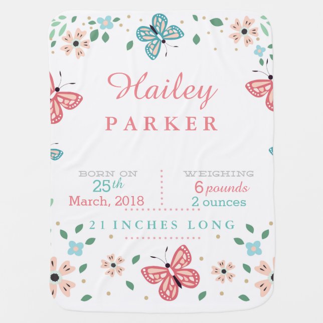 Butterfly Garden Birth Announcement Baby Blanket (Front)