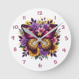 Butterfly Garden Bloom Purple Gold Floral Design Round Clock