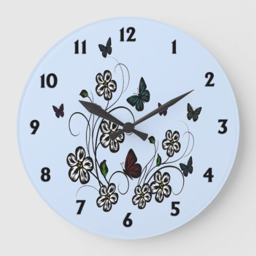 Butterfly Garden Blue with Black Numbers Large Clock