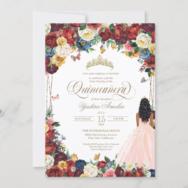 Butterfly Garden Blush Pink Red Quinceanera Invitation (Front)