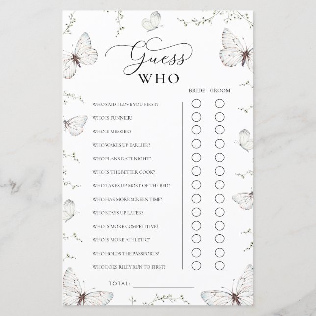 Butterfly Garden Bridal Shower Guess Who Game (Front)