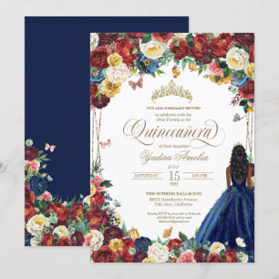 Butterfly Garden Burgundy Blue Floral Quinceanera Invitation
