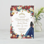 Butterfly Garden Burgundy Blue Floral Quinceanera  Invitation (Standing Front)