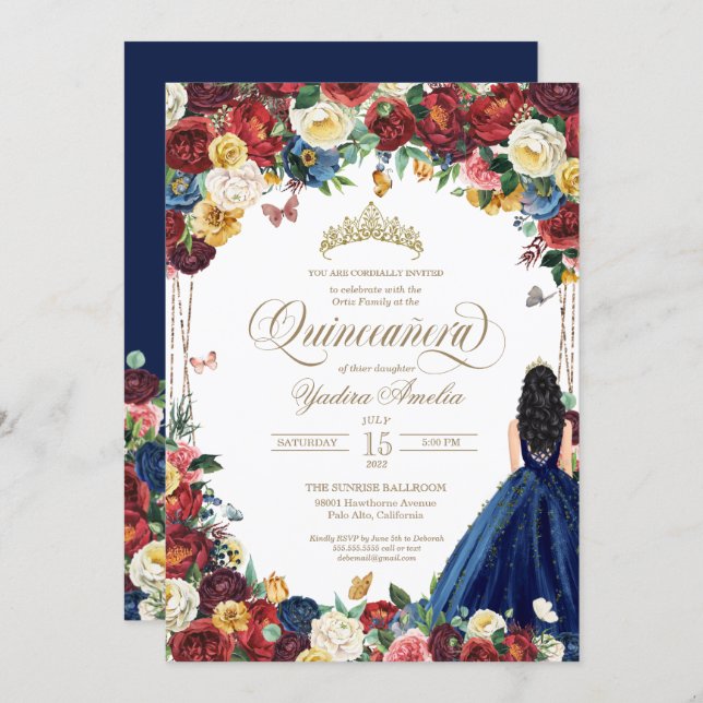 Butterfly Garden Burgundy Blue Floral Quinceanera  Invitation (Front/Back)