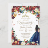 Butterfly Garden Burgundy Blue Floral Quinceanera  Invitation (Front)