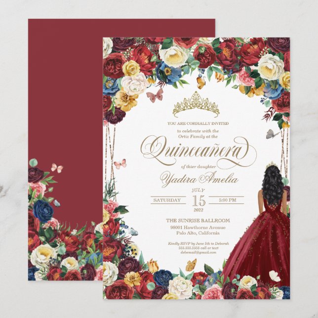 Butterfly Garden Burgundy Flowers Quinceanera Invitation (Front/Back)