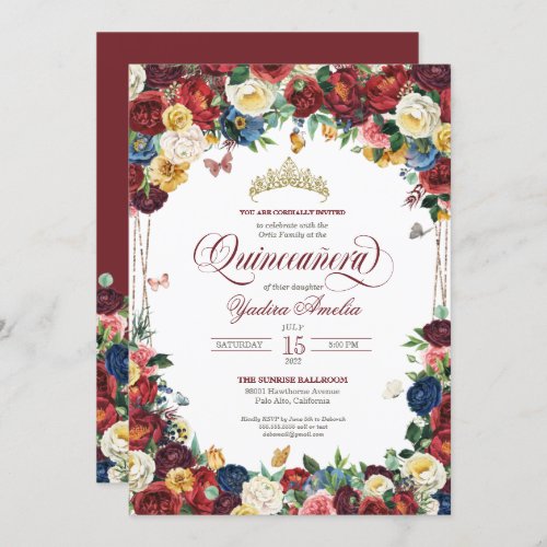 Butterfly Garden Burgundy Royal Floral Quinceanera Invitation