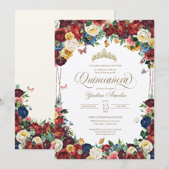 Butterfly Garden Colorful Floral Quinceanera Invitation (Front/Back)