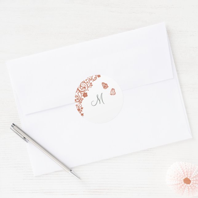 Butterfly Garden Dusty Peach Stripe Monogram Classic Round Sticker (Envelope)