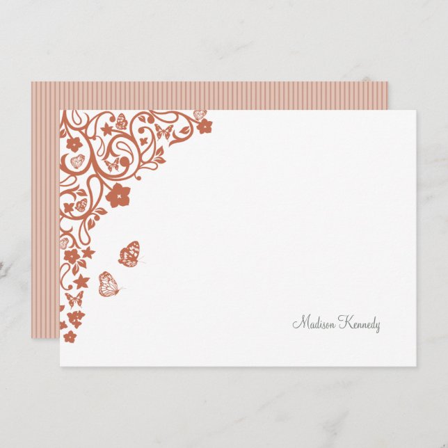Butterfly Garden Dusty Peach Stripe Name Note Card (Front/Back)