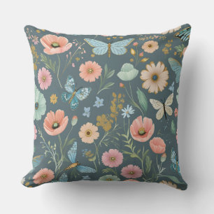 Butterfly Garden Explosion Whimsical Pastel Flor Throw Pillow