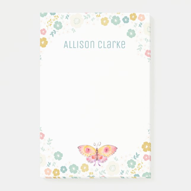 Butterfly Garden Floral Pattern | Personalized Post-it Notes (Front)