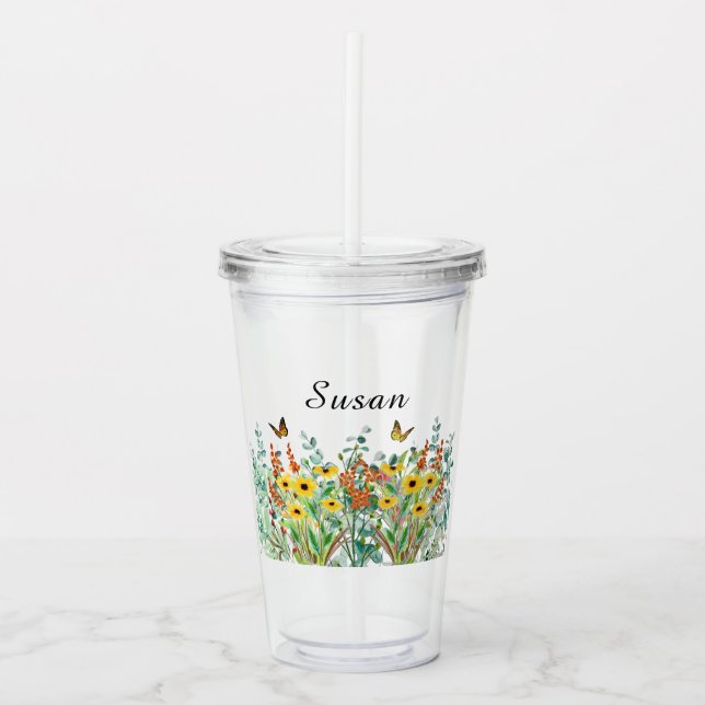 Butterfly Garden Flowers Personalized  Acrylic Tumbler (Front)