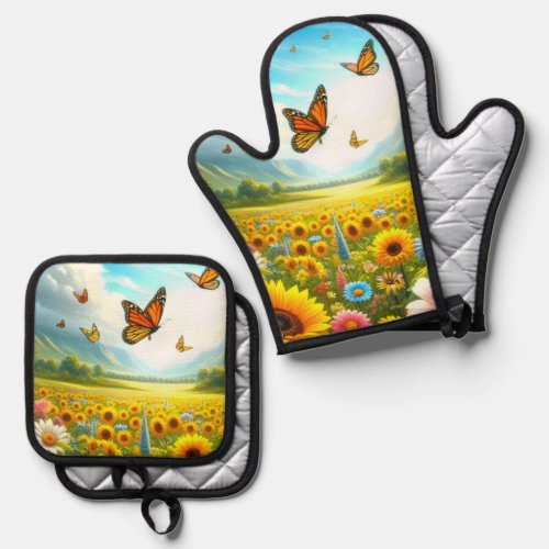 Butterfly Garden  Oven Mitt  Pot Holder Set