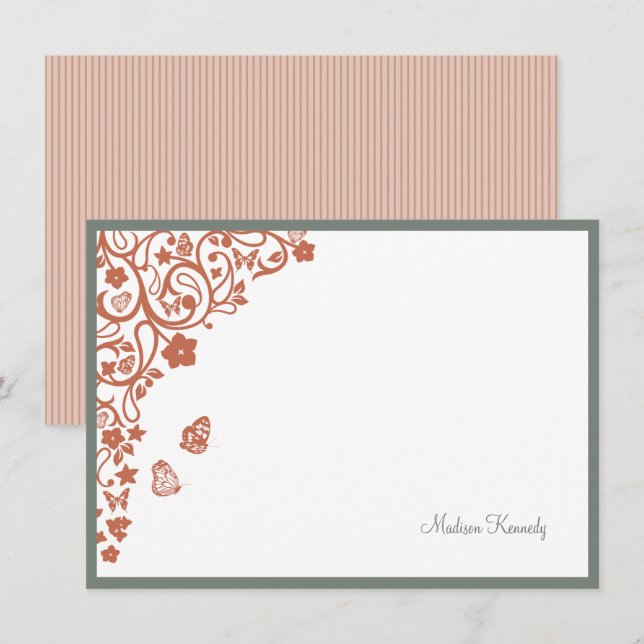 Butterfly Garden Peach Stripe Script Name Note Car Card (Front/Back)