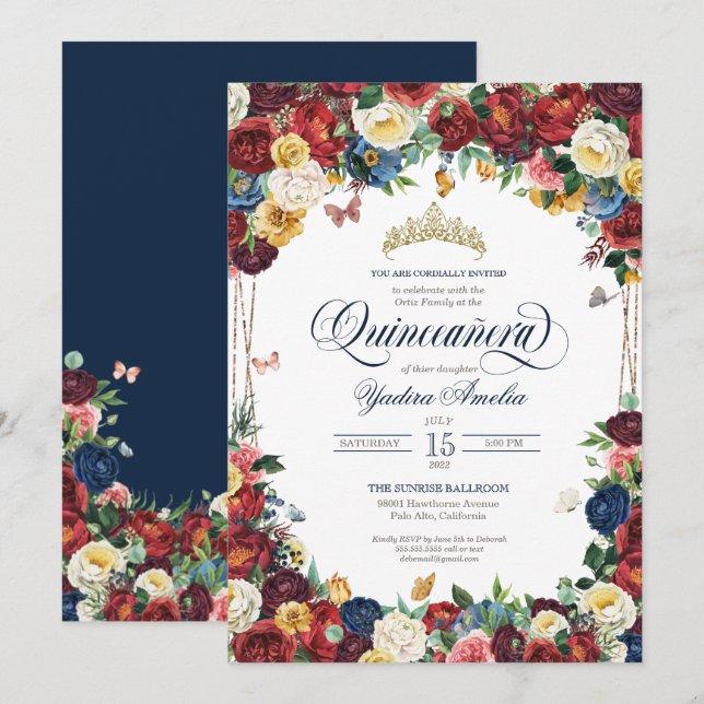 Butterfly Garden Royal Blue Red Floral Quinceanera Invitation (Front/Back)