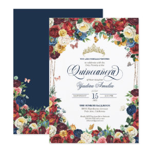 Butterfly Garden Royal Blue Red Floral Quinceanera Invitation