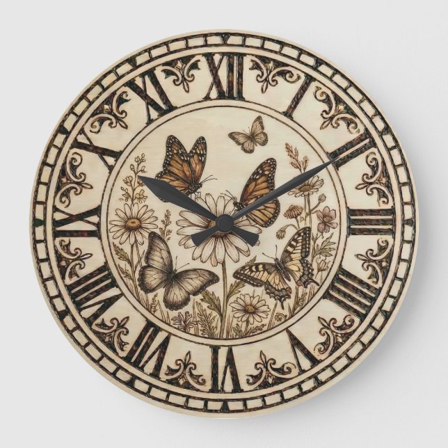 Butterfly Garden Wall Clock – Wood-Burned style  (Front)