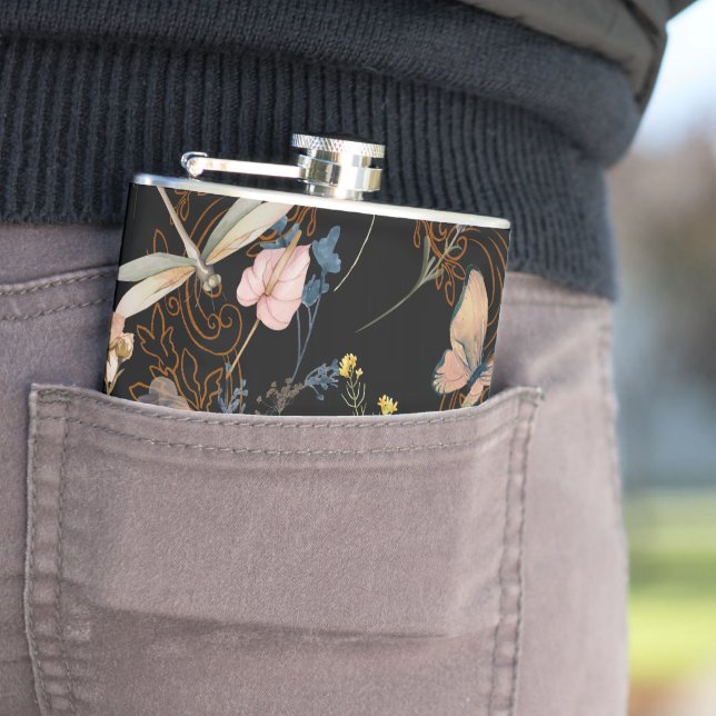 Butterfly Garden Wedding Black Flask (In Situ)