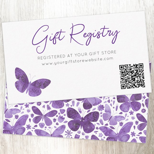 Butterfly Gift Registry QR Code Enclosure Card (Modern watercolor butterfly purple baby shower gift registry enclosure card with custom text QR code)