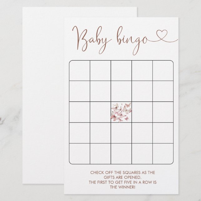 Butterfly Girl Baby Shower Bingo Game (Front/Back)
