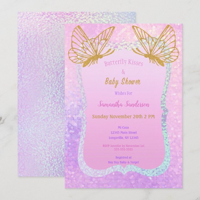 Butterfly Girl Baby Shower Gold Glitter Pink Invitation (Front/Back)