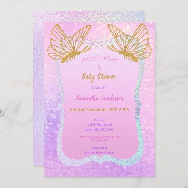 Butterfly Girl Baby Shower Gold Glitter Pink Invitation (Front/Back)