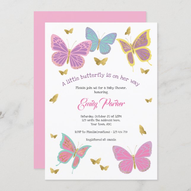 Butterfly, Girl Baby Shower Themes, Invitation (Front/Back)