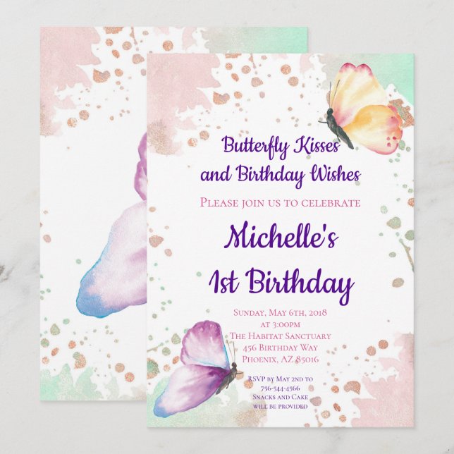 Butterfly Girl First 1st Birthday Invitation (Front/Back)