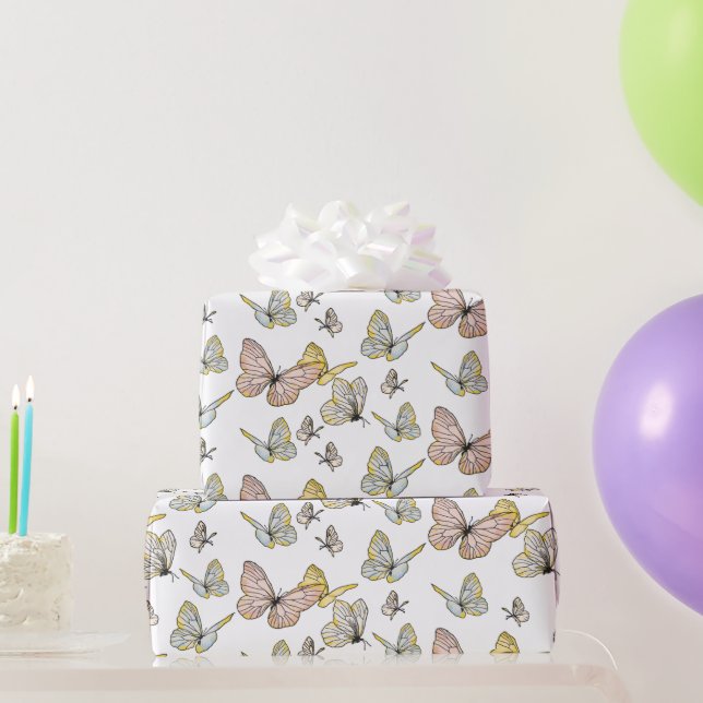 Butterfly Girl Pastel Pink Blue Yellow Pretty Wrapping Paper (Party Gifts)