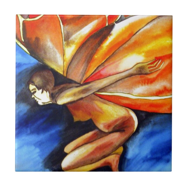 Butterfly girl surreal original fantasy art ceramic tile (Front)