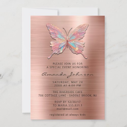Butterfly Girl Sweet 16th Rose Royal Brushed Metal Invitation