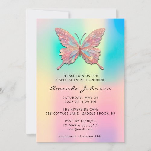 Butterfly Girl Sweet 16th Rose Royal  Holographic  Invitation
