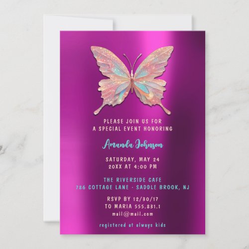 Butterfly Girl Sweet 16th Rose Royal Purple Pink Invitation